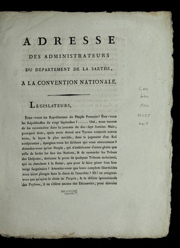 Adresse des administrateurs du de partement de la Sarthe, a la Convention nationale by Sarthe (France) cover