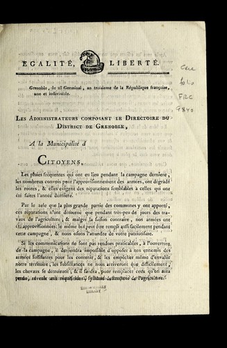 ... Les administrateurs composant le directoire du district de Grenoble, a la municipalite  d [blank]