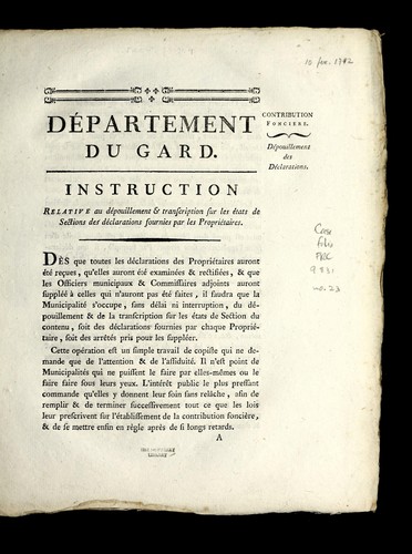 Instruction relative au de pouillement & transcription sur les e tats de sections des de clarations fournies par les proprie taires by Gard (France) cover
