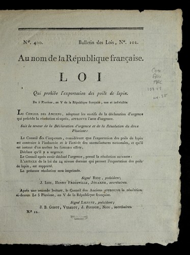 Loi qui prohibe l'exportation des poils de lapin by France cover