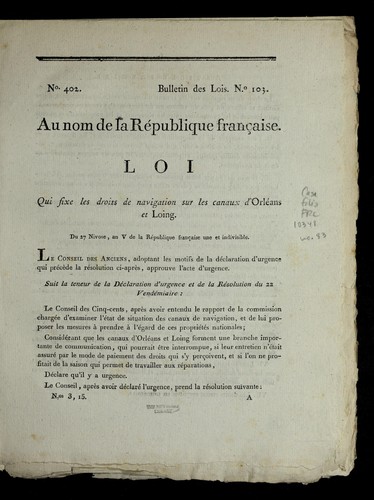 Loi qui fixe les droits de navigation sur les canaux d'Orle ans et Loing by France cover