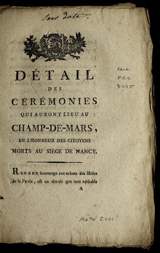 De tail des cere monies qui auront lieu au Champ-de-Mars by Nancy (France) cover