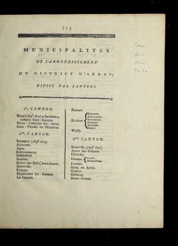 Municipalite s de l'arrondissement du district d'Arras, divise  par cantons by Arras (France) cover