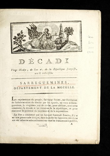 De cadi vingt niv^ose, de l'an 2e. de la Re publique franc ʹaise, une & indivisible [9 janvier 1794] by Sarreguemines (France) cover