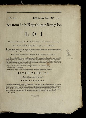 Loi contenant le tarif des droits a   percevoir sur les grandes routes by France cover