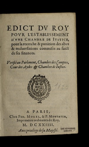 Edict du roy pour l'establissement d'une chambre de justice by France cover