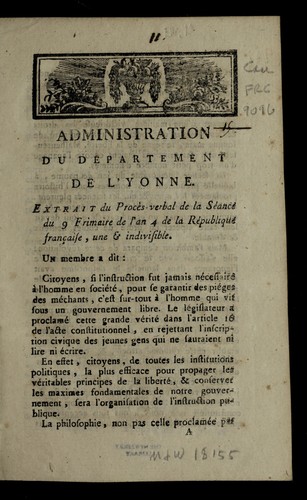 ... Extrait du proc`es-verbal de la se ance du 9 frimaire de l'an 4 de la Re publique franc ʹaise, une & indivisible [30 novembre 1795] by Yonne (France) cover