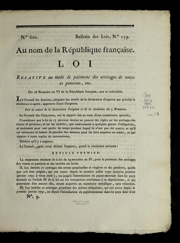 Loi relative au mode de paiemens des arrerages de rentes et pensions, etc by France cover