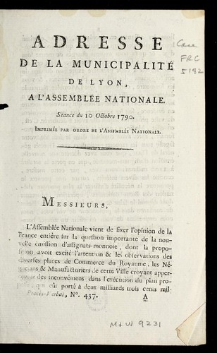 Adresse de la Municipalite  de Lyon, a   l'Assemble e nationale by Lyon (France) cover