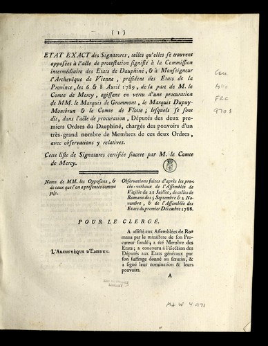 Etat exact des signatures, telles qu'elles se trouvent appose es `a l'acte de protestation signifie  `a la commission interme diaire des Etats de Dauphine by Dauphine  (France) cover