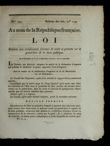 Loi relative aux rectifications d'erreurs de noms et pre noms sur le grand-livre de la dette publique by France cover