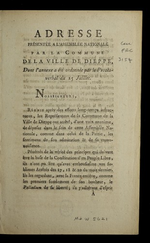 Adresse pre sente e a l'Assemble e nationale by Dieppe (France) cover