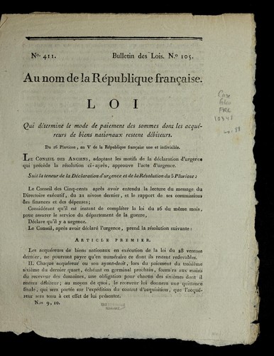 Loi qui de termine le mode de paiement des sommes dont les acque reurs de biens nationaux restent de biteurs by France cover