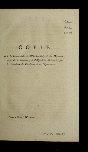 Copie de la lettre e crite a   MM. les de pute s du de partement de la Meurthe, a   l'Assemble e nationale by Meurthe (France) cover