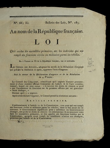 Loi qui exclut des assemble es primaires, etc. les individus qui ont rempli des fonctions civiles ou militaires parmi les rebelles by France cover