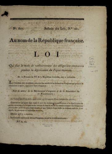 Loi qui fixe le mode de remboursement des obligations contracte es pendant la de pre ciation du papier-monnaie by France cover