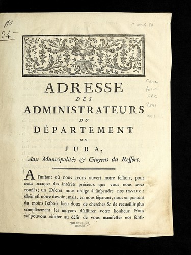 Adresse des administrateurs du de partement du Jura, aux municipalite s & citoyens du ressort by Jura (France) cover