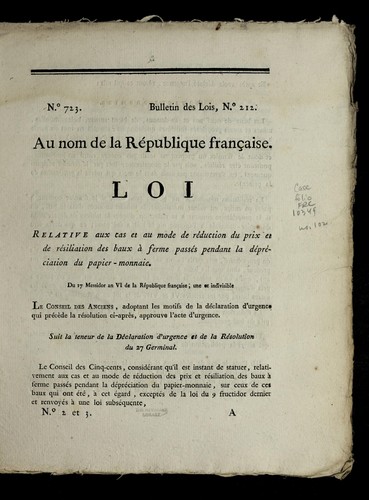 Loi relative aux cas et au mode de re duction du prix et de re siliation des baux a   ferme passe s pendant la de pre ciation du papier-monnaie