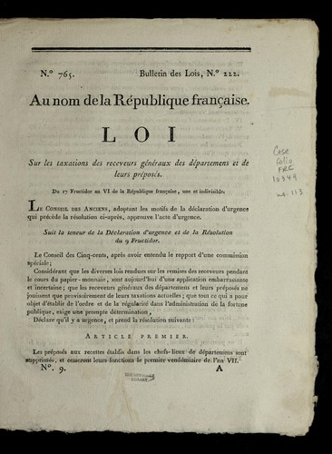 Loi sur les taxations des receveurs ge ne raux des de partemens et de leurs pre pose s by France cover