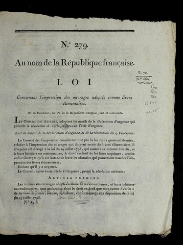 Loi concernant l'impression des ouvrages adopte s comme livres e le mentaires by France cover