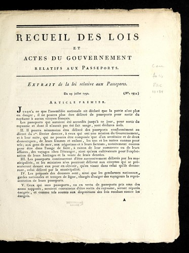 Recueil des lois et actes du gouvernement relatifs aux passeports by France cover
