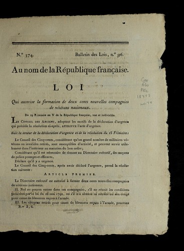 Loi qui autorise la formation de deux cents nouvelles compagnies de ve te rans nationaux by France cover