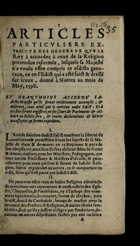 Articles particuliers, extraictz des generaux que le roy a   accordez a   ceux de la religion pretendue reforme e by France cover