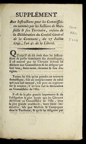 Supple ment aux instructions pour les commissaires nomme s par les sections de Marseille & son territoire by Marseille (France) cover