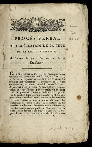 Proce  s-verbal de ce le bration de la fe te de la paix continentale by Lyon (France) cover