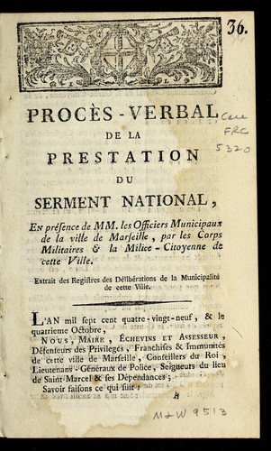 Proce  s-verbal de la prestation du serment nationale by Marseille (France) cover