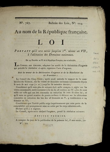 Loi portant qu'il sera sursis jusqu'au 1er. nivose an VII, a   l'alie nation des domaines nationaux by France cover