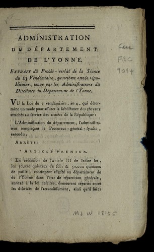 ... Extrait du proc`es-verbal de la se ance du 23 vende miaire, quatri`eme anne e re publicaine [15 octobre 1795] by Yonne (France) cover