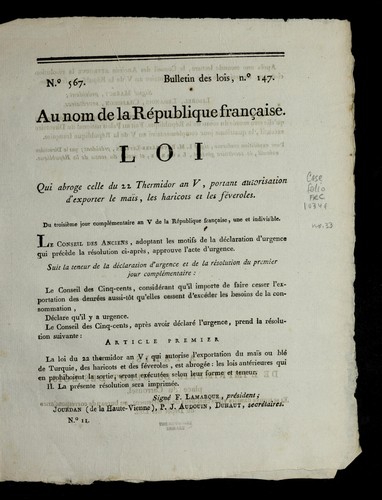 Loi qui abroge celle du 22 thermidor an V, portant autorisation d'exporter le mai s, les haricots et les fe veroles by France cover