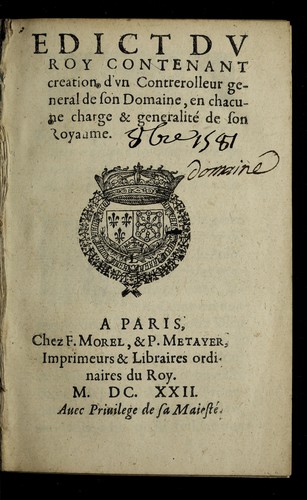 Edict dv Roy contenant creation d'vn contrerolleur general de son domaine by France cover