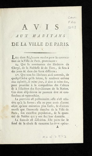 Avis aux habitans de la ville de Paris by Paris (France) cover