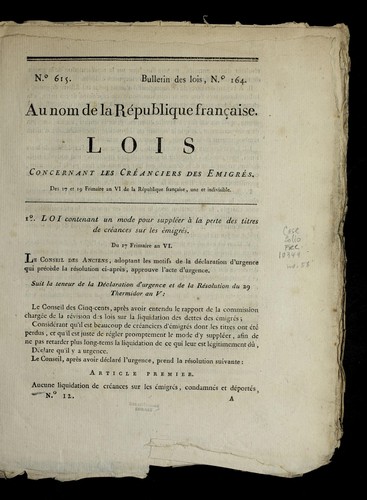 Lois concernant les cre anciers des emigre s by France cover
