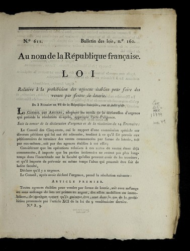 Loi relative a   la prohibition des agences etablies pour faire des ventes par forme de loterie by France cover