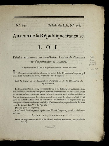 Loi relative au transport des contributions a   raison de distraction ou d'augmentation de territoire by France cover