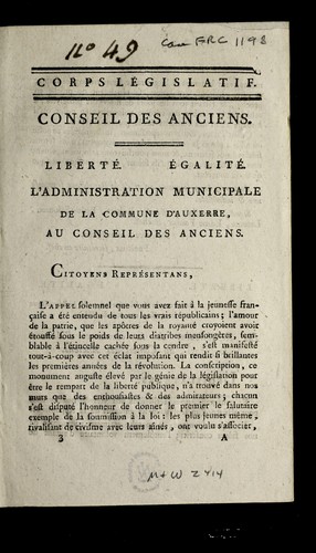 L'administration municipale de la commune d'Auxerre au Conseil des anciens by Auxerre (France) cover
