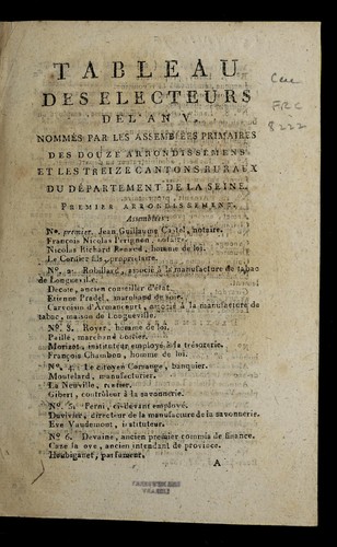 Tableau des electeurs de l'an V [1796-1797] by Seine (France) cover