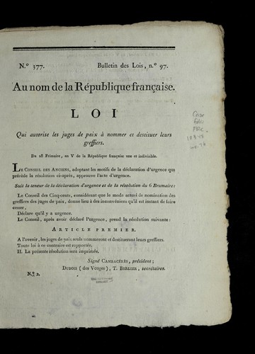 Loi qui autorise les juges de paix a   nommer et destituer leurs greffiers by France cover