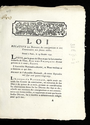 Loi relative aux receveurs des consignations et aux commissaires aus saisies re elles