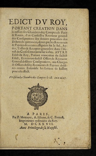 Edict dv Roy, portant creation dans le ressort des Chambres des Comptes de Paris & Rouen by France cover