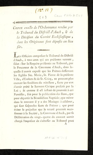 Copie exacte de l'ordonnance rendue par le tribune du district d'Auch by Auch (France) cover