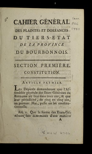 Cahier ge ne ral des plaintes et dole ances by Bourbonnais (France) cover