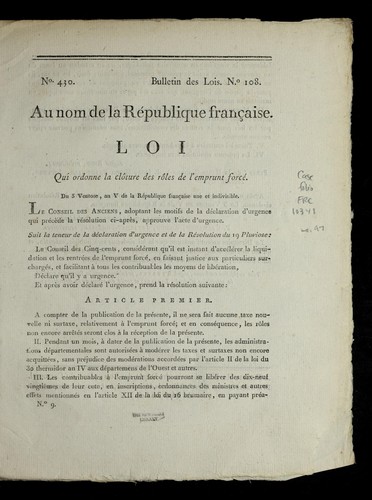 Loi qui ordonne la clo ture des ro les de l'emprunt force by France cover