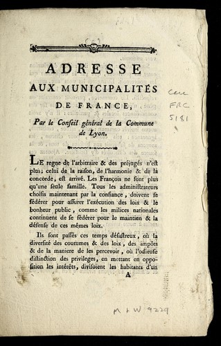 Adresse aux municipalite s de France by Lyon (France) cover