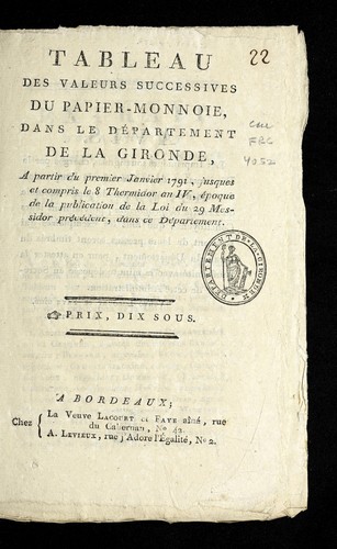 Tableau des valeurs successives du papier-monnoie by Gironde (France) cover