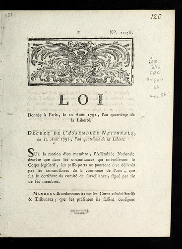 Loi donne e a   Paris, le 12 aou t 1792, l'an quatrie  me de la liberte by France cover