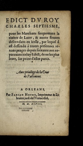 Edict dv Roy Charles septiesme, pour les marchans frequentans la riuiere de Loire, & autres fleuues descendans en icelle by France cover